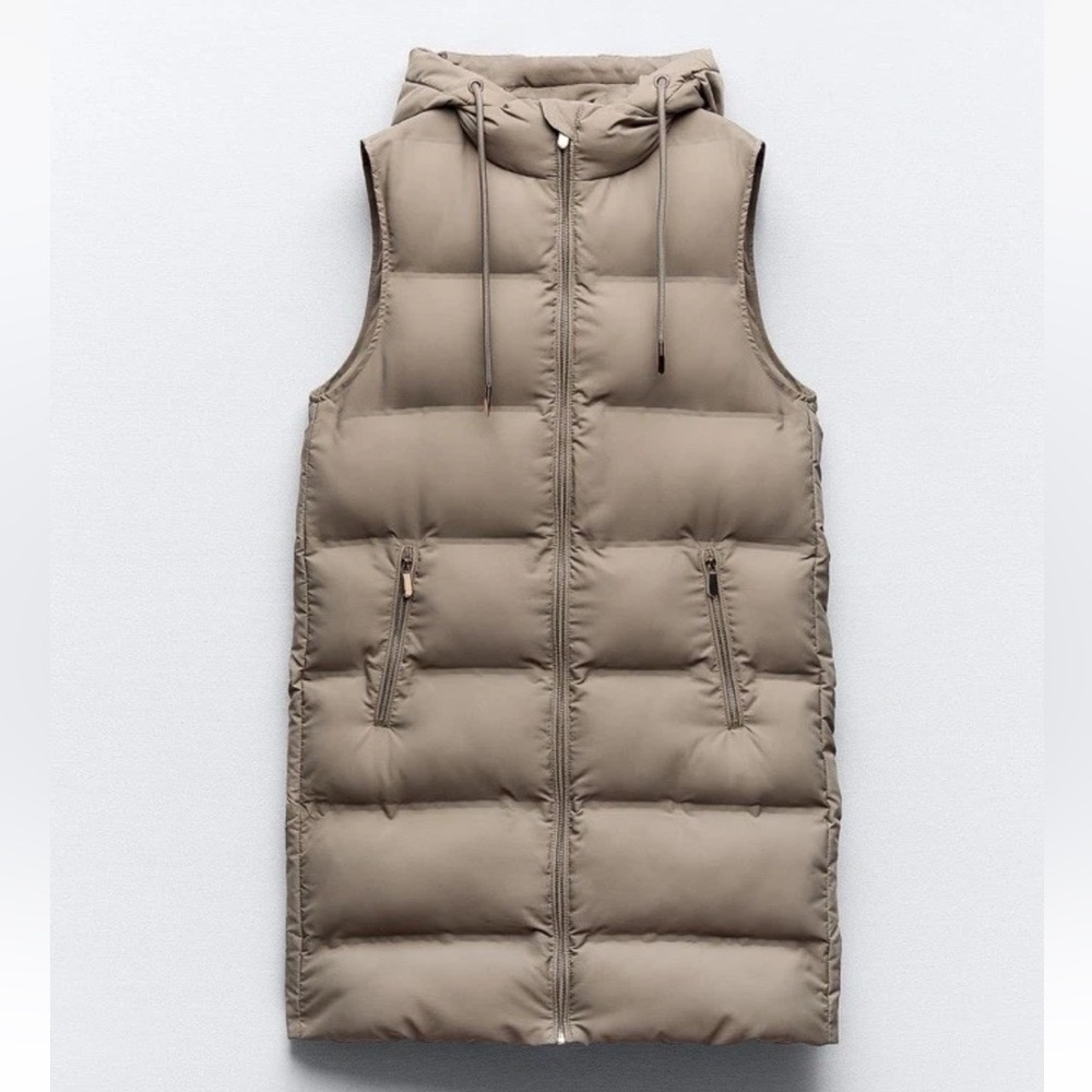Zara Long Hooded Puffer Vest Beige Taupe Size M Excellent Condition